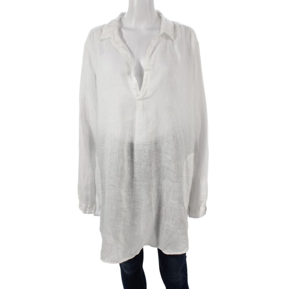 CP Shades Womens Tunic White 100% Linen Collared Long Sleeve Beach Size L
